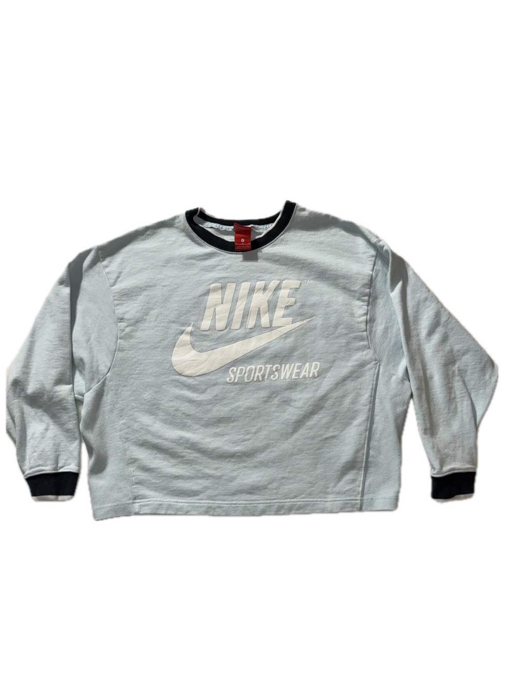 Vintage Nike Light Blue Sweatshirt with Black Trim and Red Logo Tag